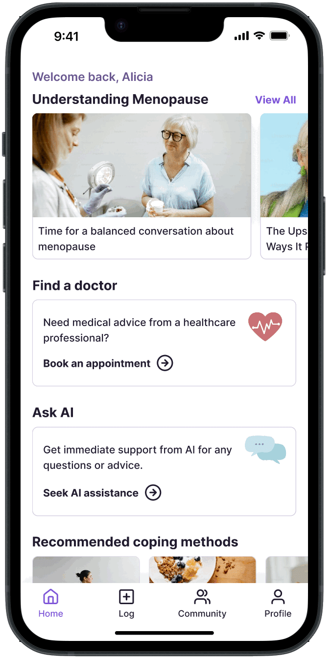 MenoCare home screen showing Ask AI and doctor access