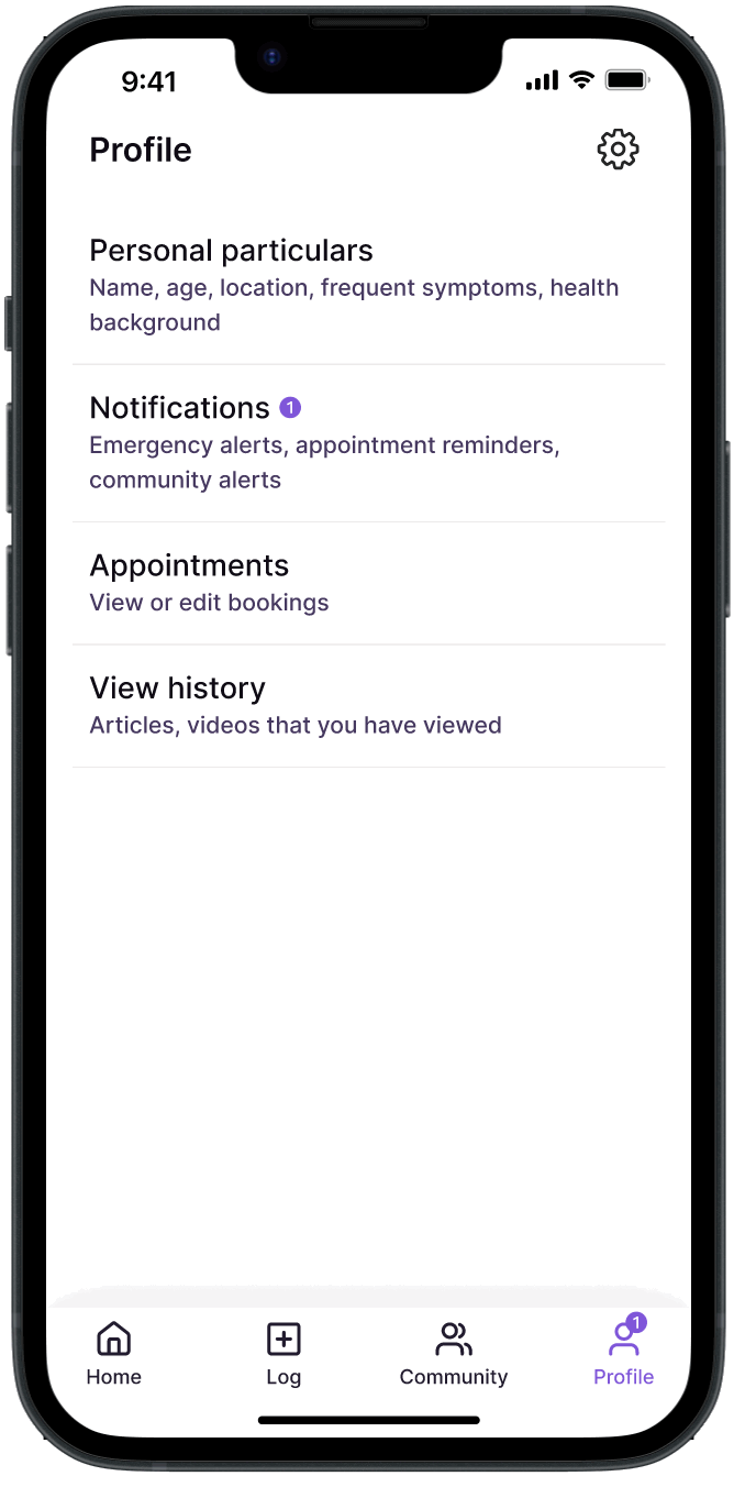 MenoCare profile and health settings screen